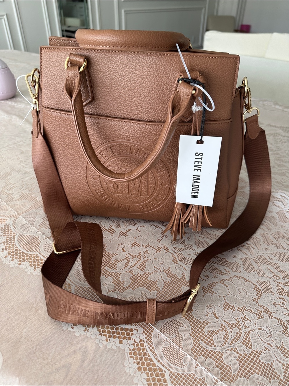 Steve Madden Tan Pebbled Leather Satchel with Tassel and Strap